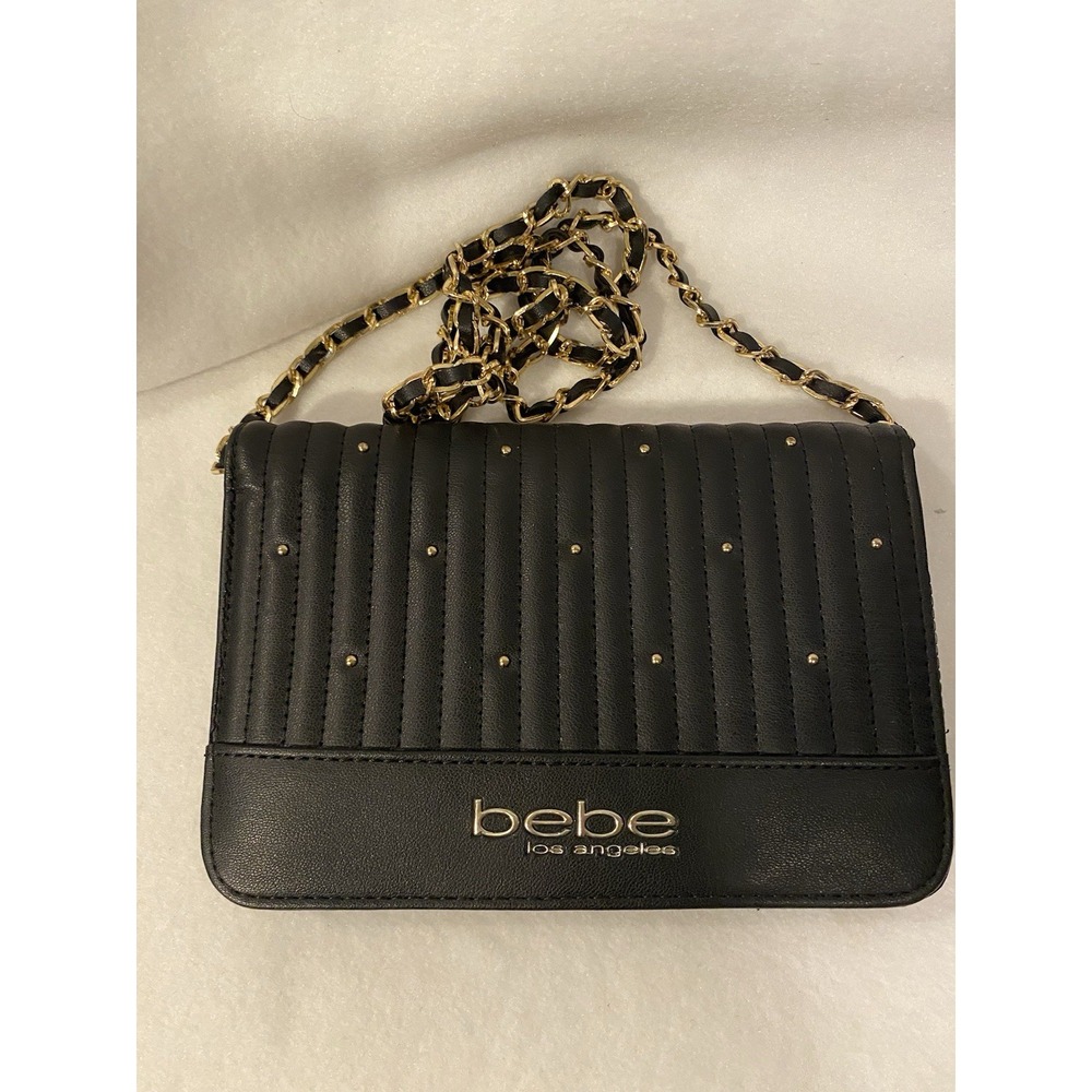 Bebe Aliah Flap Crossbody Bag Mini Black Gold Leather!